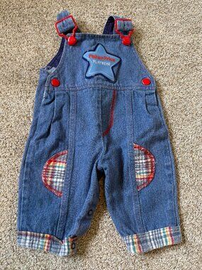 Vintage Kids Overalls Fisher Price Play Wear 0-6 months plaid  Cuffs